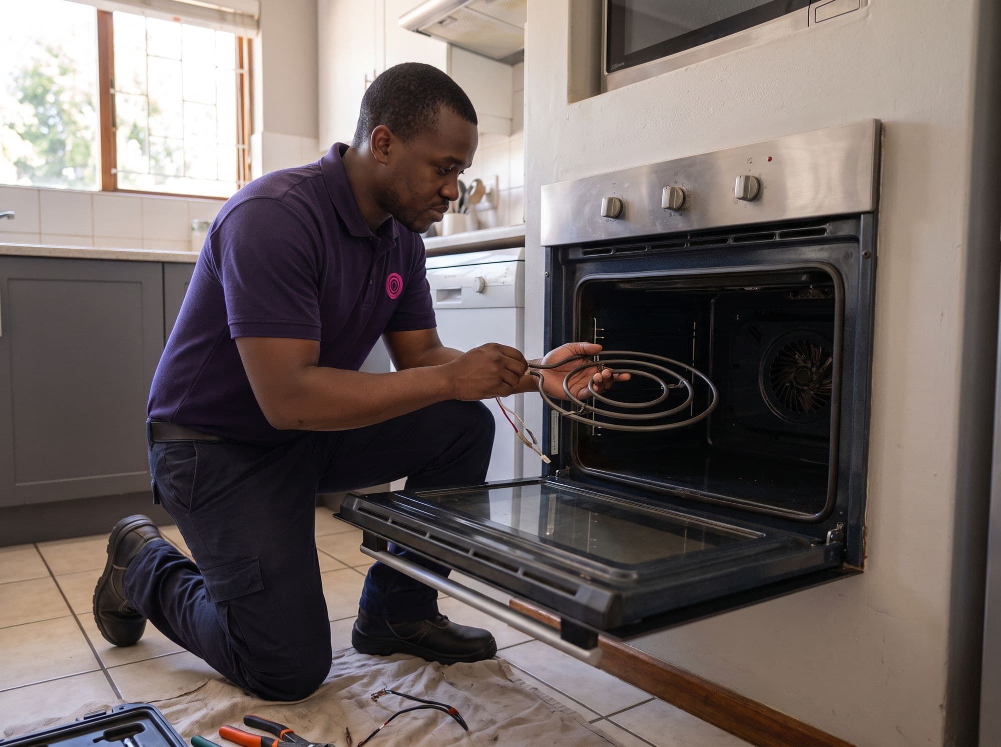 A technician fits a new round heating element in a built-in oven
