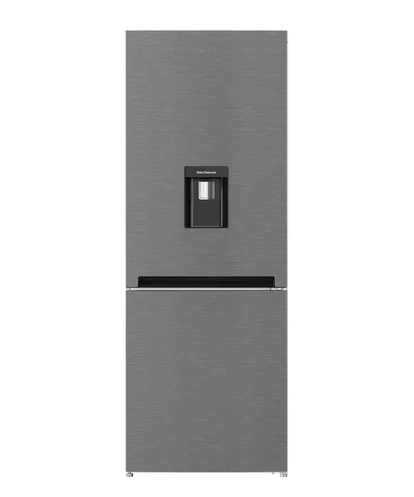 A silver Defy fridge-freezer with a water dispenser