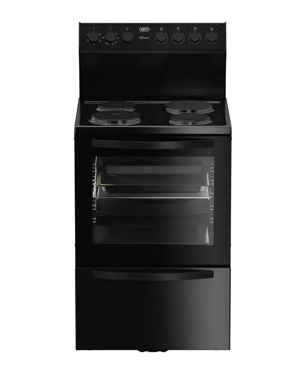 A black Defy freestanding electric stove with four solid plates