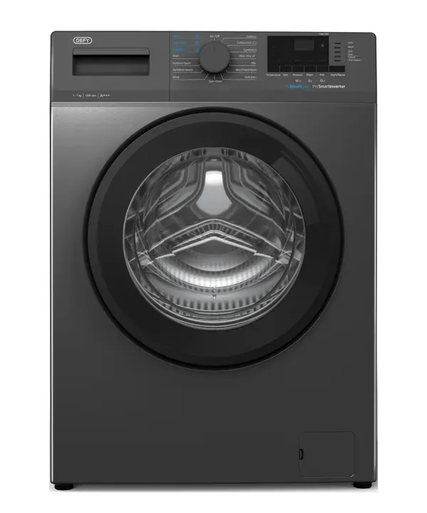 A dark grey Defy front-loading washing machine