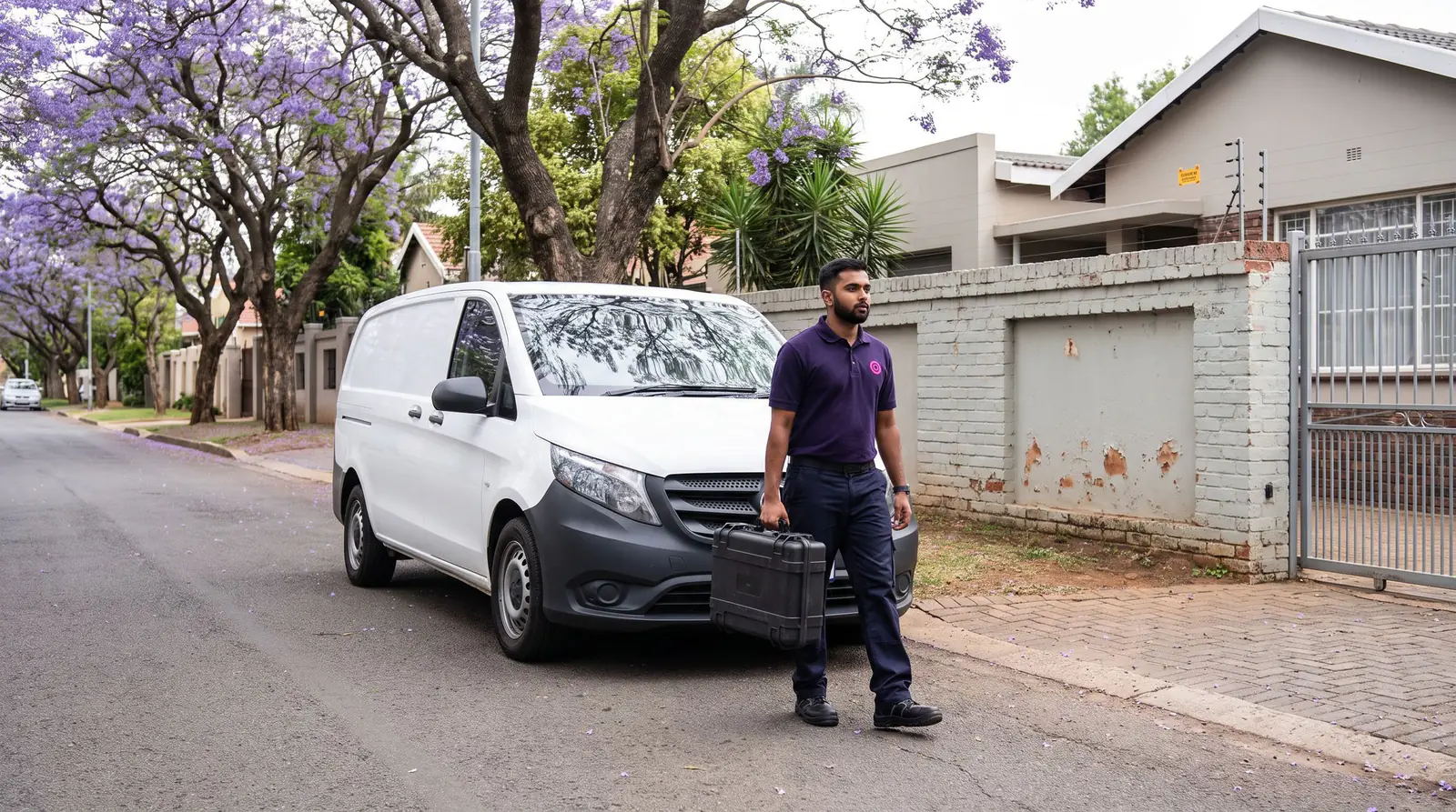 A technician walks from a white van to a house gate on a tree-lined street