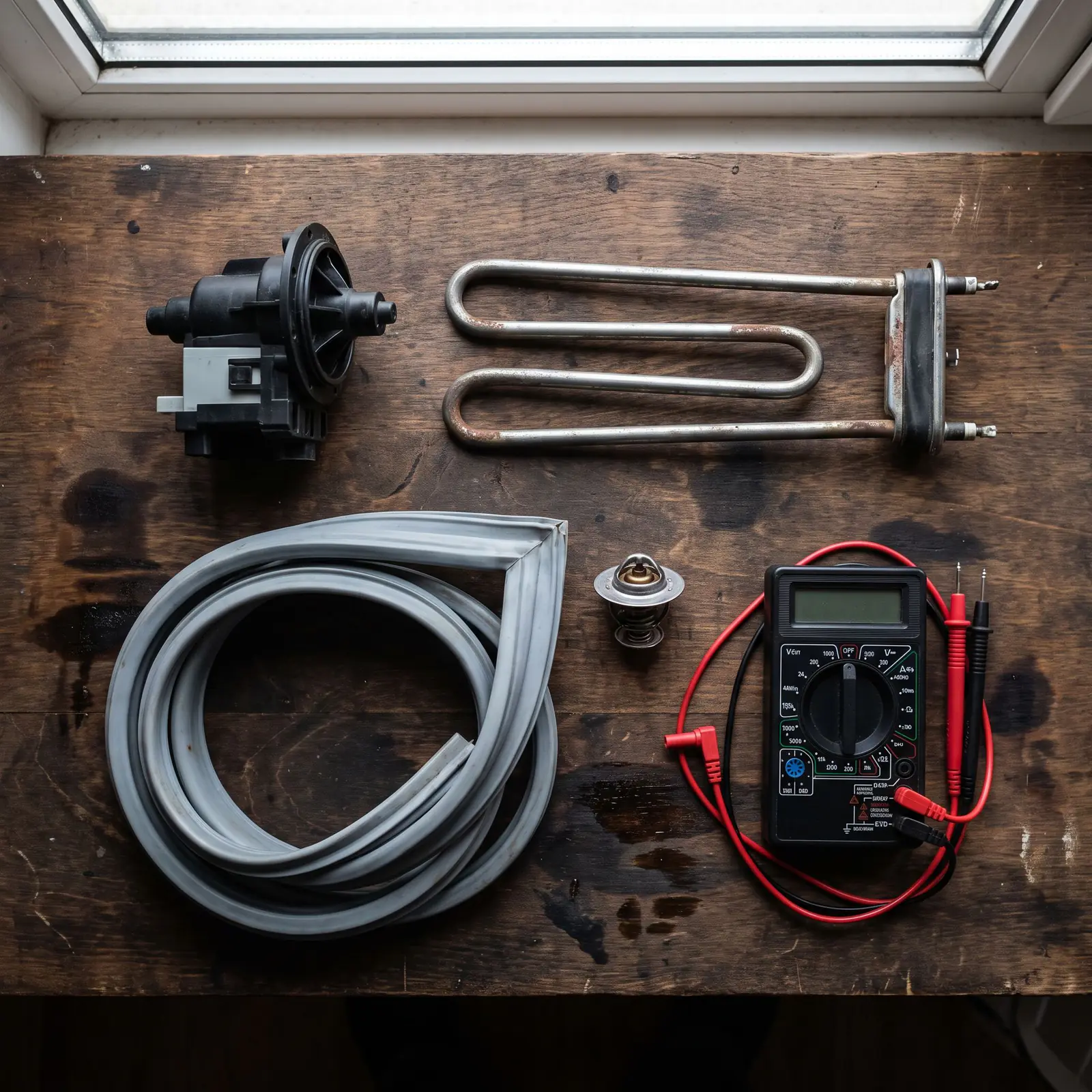 Appliance parts on a workbench: a drain pump, a heating element, a door seal, a thermostat and a multimeter