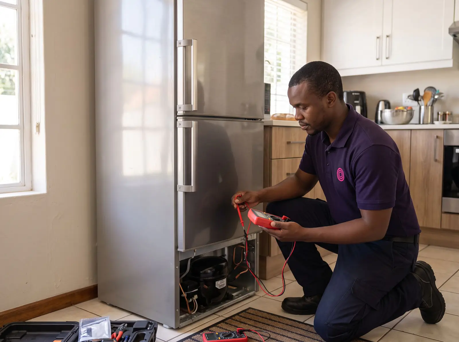 A technician tests the base of a double-door fridge with a multimeter