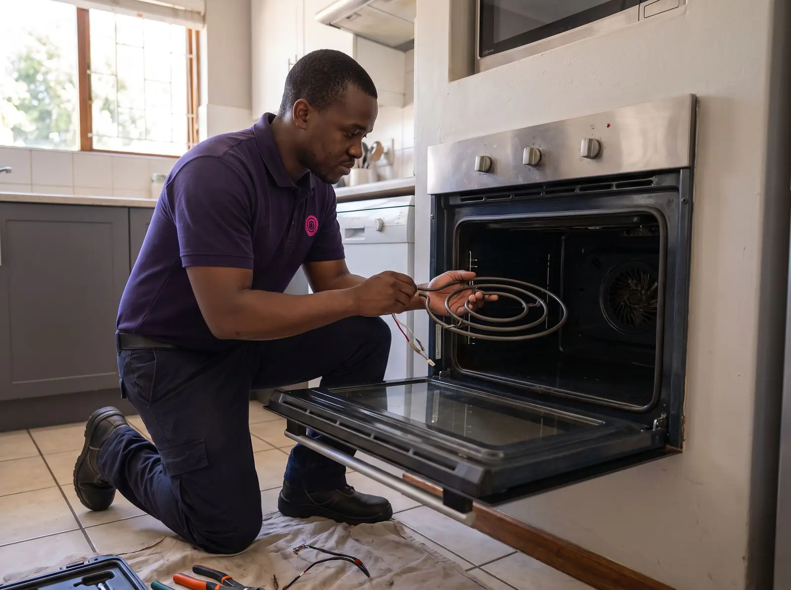 A technician fits a new round heating element in a built-in oven