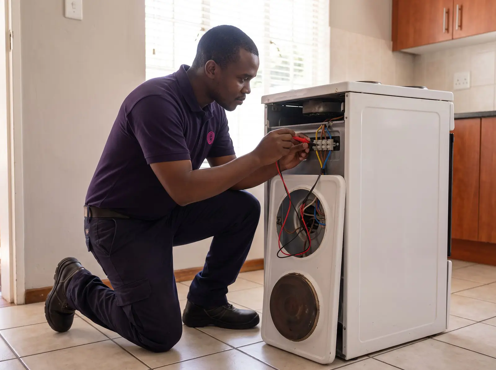 A technician tests the wiring of a freestanding stove with a multimeter